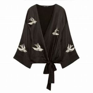 ZARA Bird Embroidery Kimono Wrap Blouse